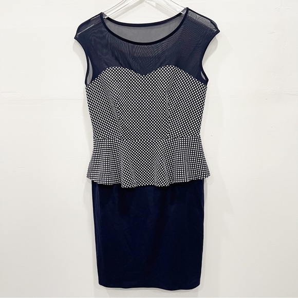 Enfocus Studio Sheer Yoke Polka Dot Peplum Dress Pencil Skirt Size 8 Navy Blue - Picture 1 of 9